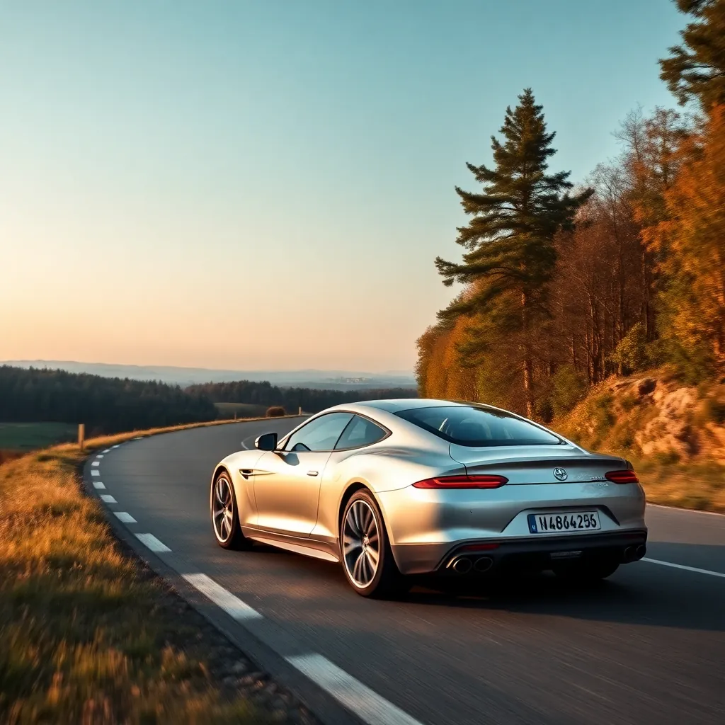 luxury car driving on scenic Czech countryside road, professional automotive photography